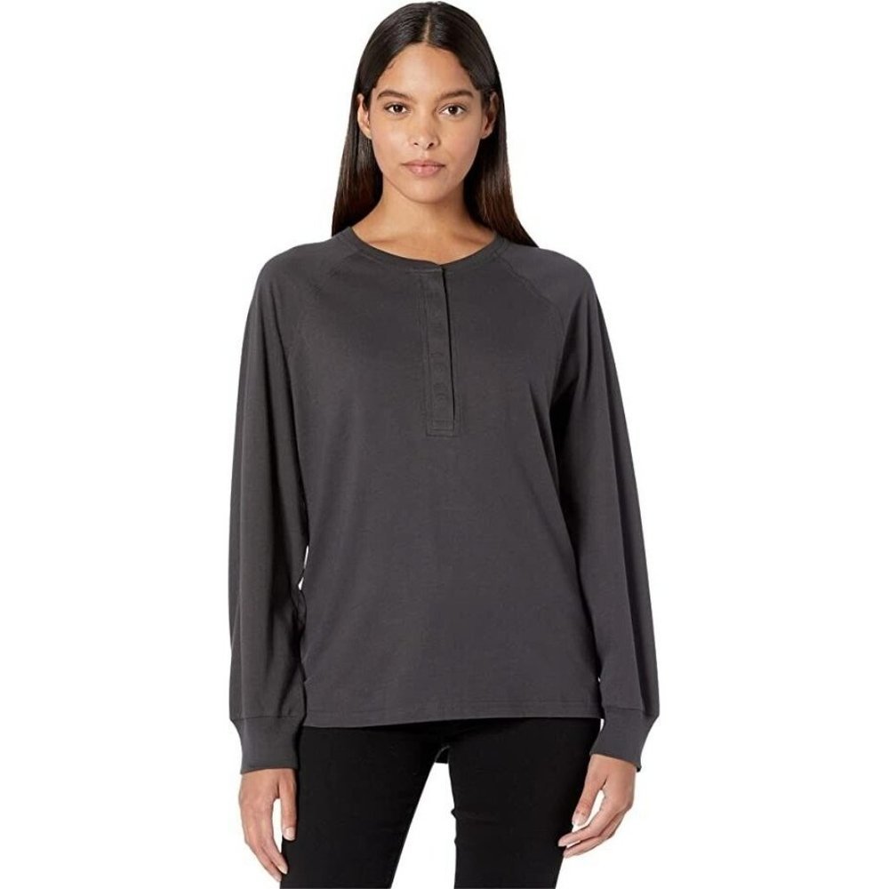 Madewell Women's Tuscan Tee Black Coal Relaxed-Fit Henley Long Sleeve T-Shirt M